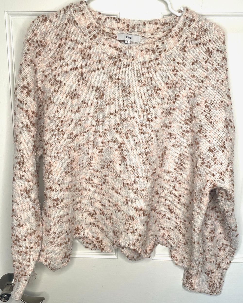 FATE Women's Scalloped Hem Speckled Knit Crop Sweater Sz S Fisherman Boho Casual